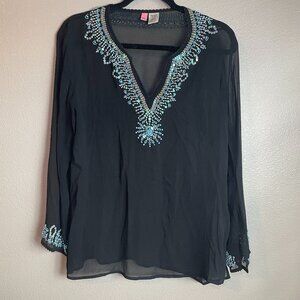 Itsu Womens 100 % Silk Size 6 Long Sleeve Blouse Beaded Sequin Black Blue